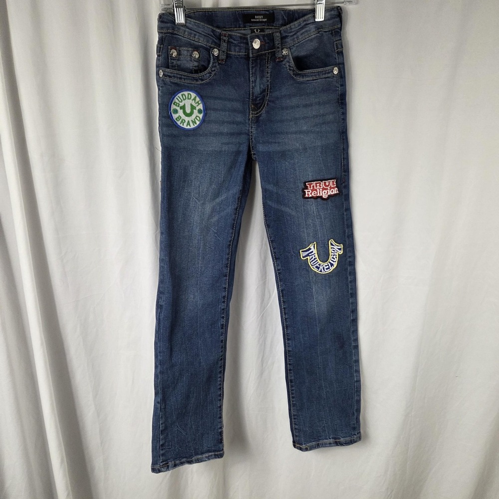 True Religion Jeans Youth 14 Blue Ricky Relaxed Straight Stretch Denim Patches